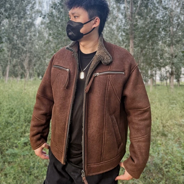 长袖保暖冬季美拉德工装夹克复古外套时尚皮毛一体棕色拉链真皮