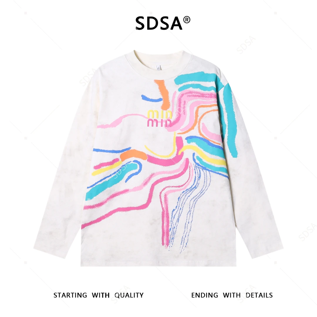 秋季高级感新款男士趣味彩色印花字母长袖T恤时尚轻奢宽松上衣