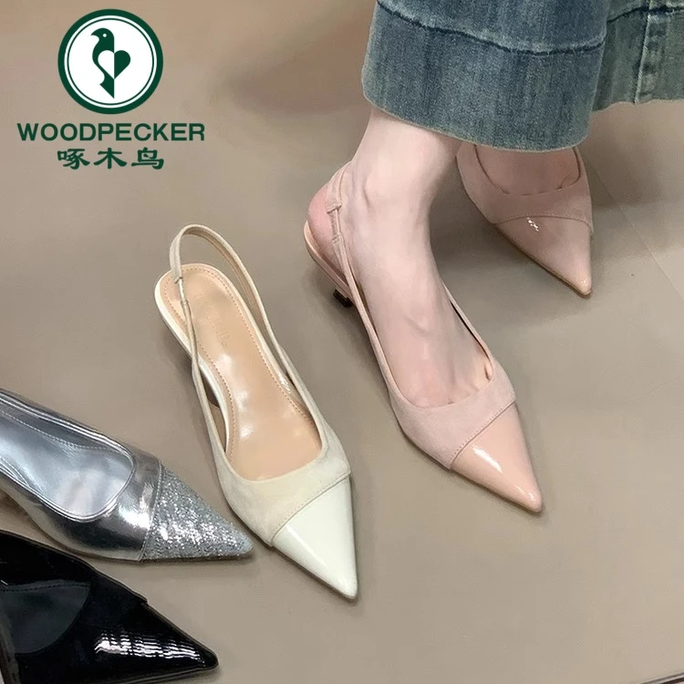 啄木鸟优雅尖头高跟鞋法式夏季通勤鞋拼接御姐风新款浅口包头凉鞋