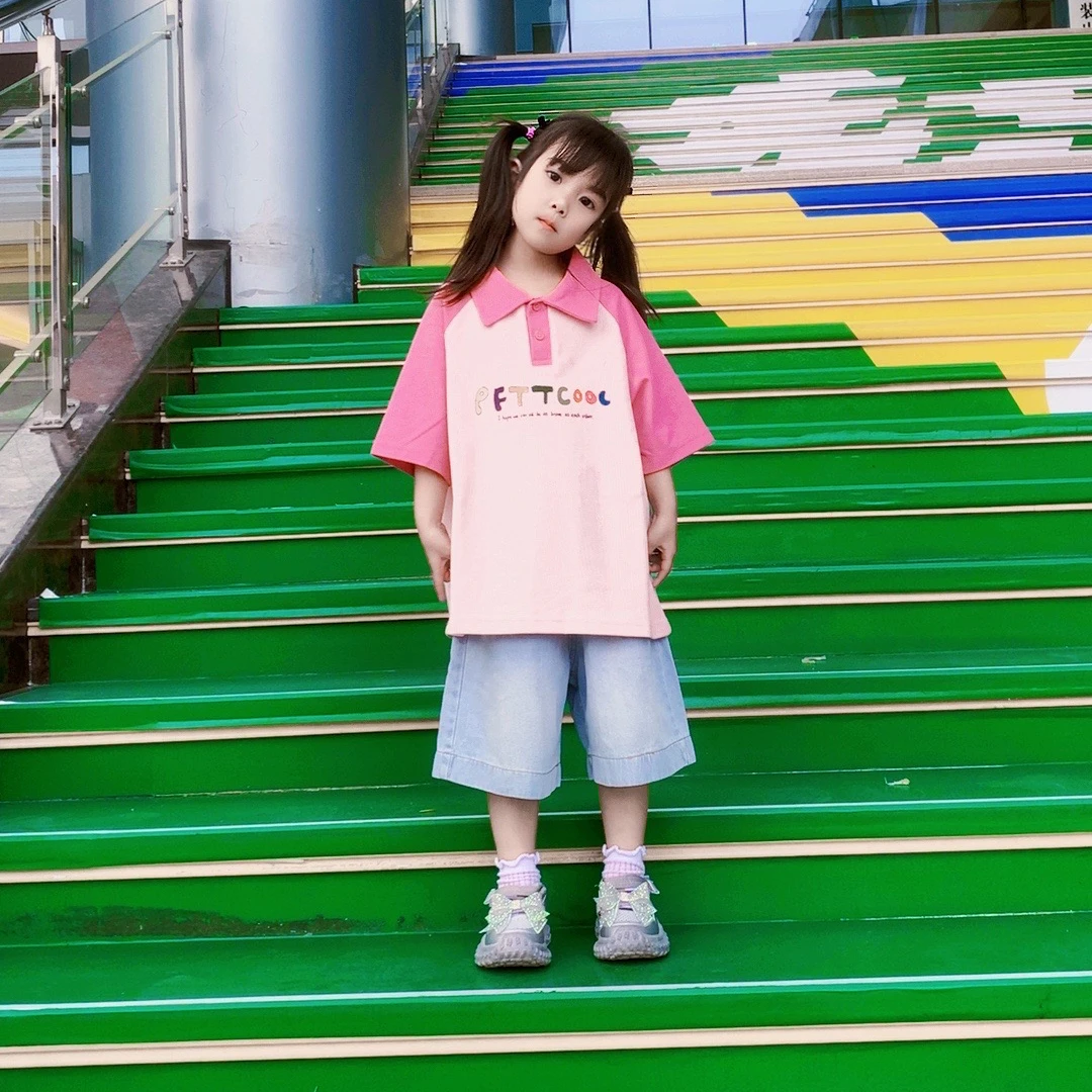 女童夏季套装2025洋气时髦新款儿童大童超好看短袖牛仔短裤两件套