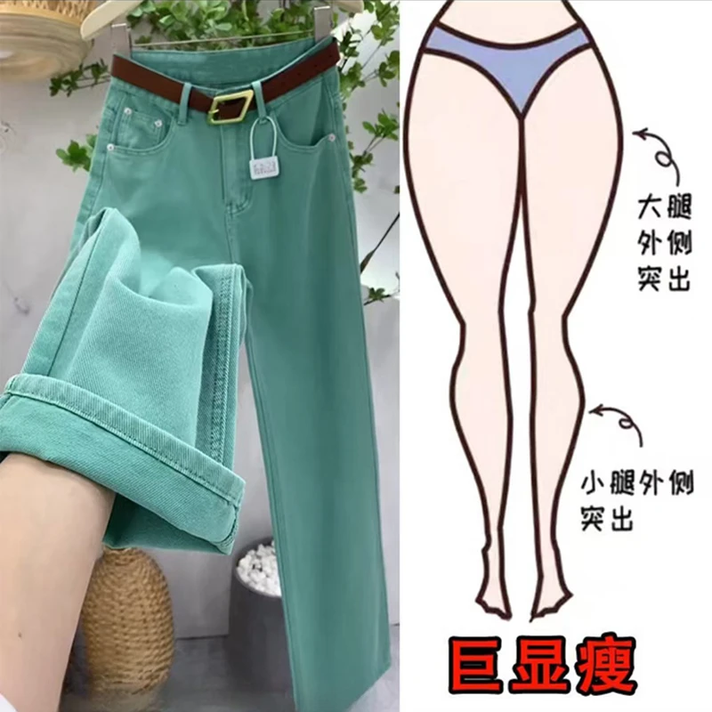 湖水绿高腰牛仔裤女秋季大码女装胖mm梨形身材宽松显瘦窄版直筒裤