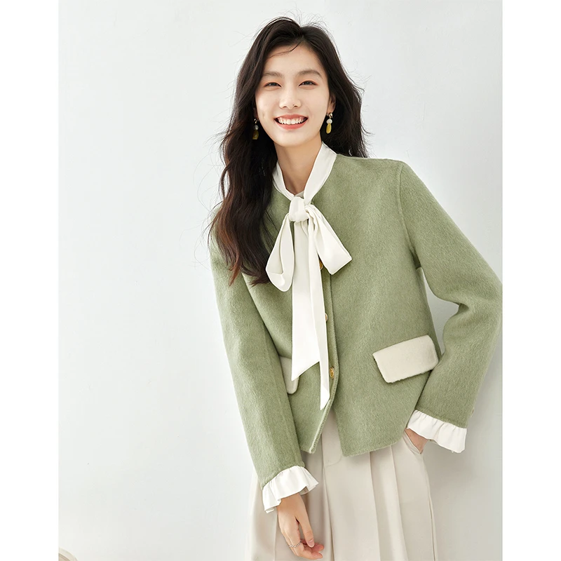 *梵希蔓优雅气质百搭呢大衣秋冬款飘带领撞色呢外套50692