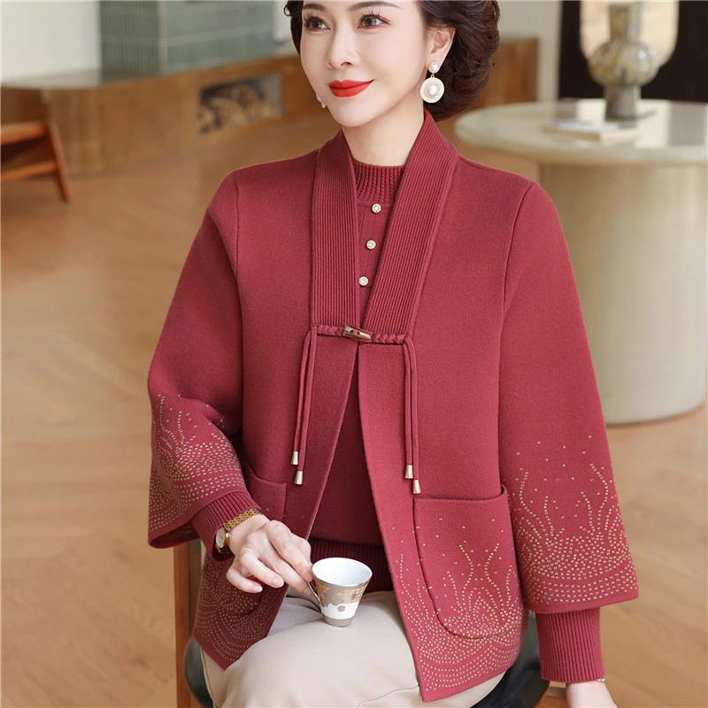 妈妈秋装国风毛衣针织开衫外套中老年女装喜婆婆婚宴上衣两件套装