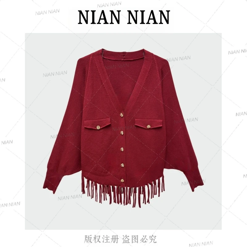 【时光清闲】年年2025新款秋季流苏设计蝙蝠衫气质百搭针织开衫