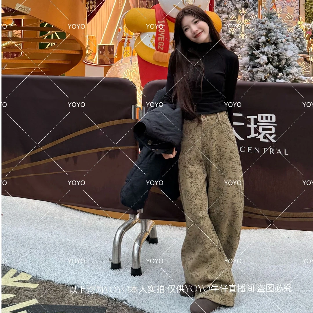 YOYO自制2【复古提花牛仔】加绒加厚冬款宽松时尚设计感阔腿拖地裤
