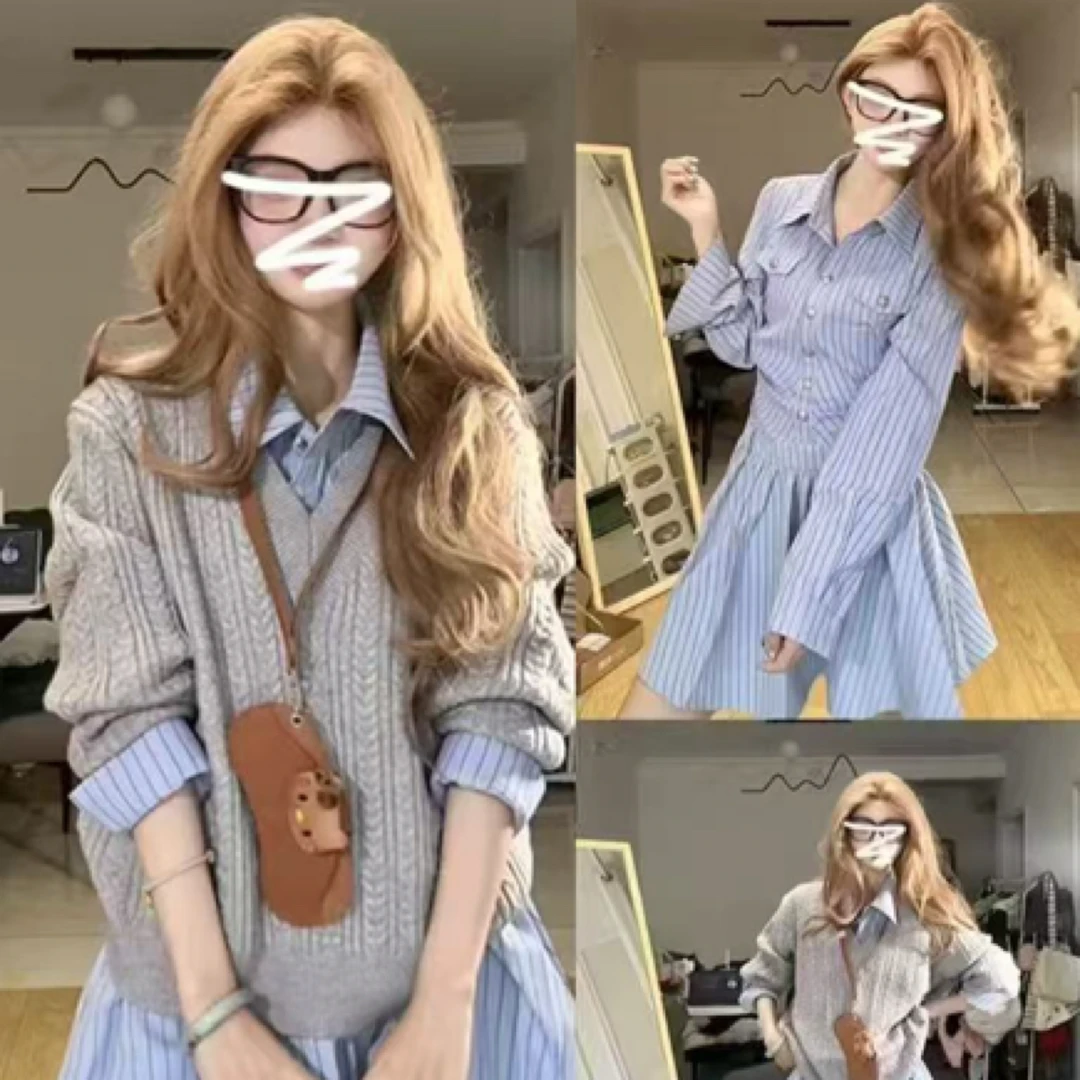 韩系减龄慵懒学院风收腰长袖百搭衬衫连衣裙套装-3816