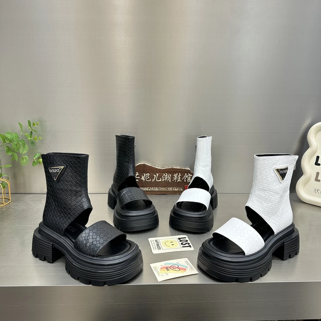 MANGNIER/欧货时尚大牌罗马编织夏季露趾短靴后拉链中空高帮凉鞋
