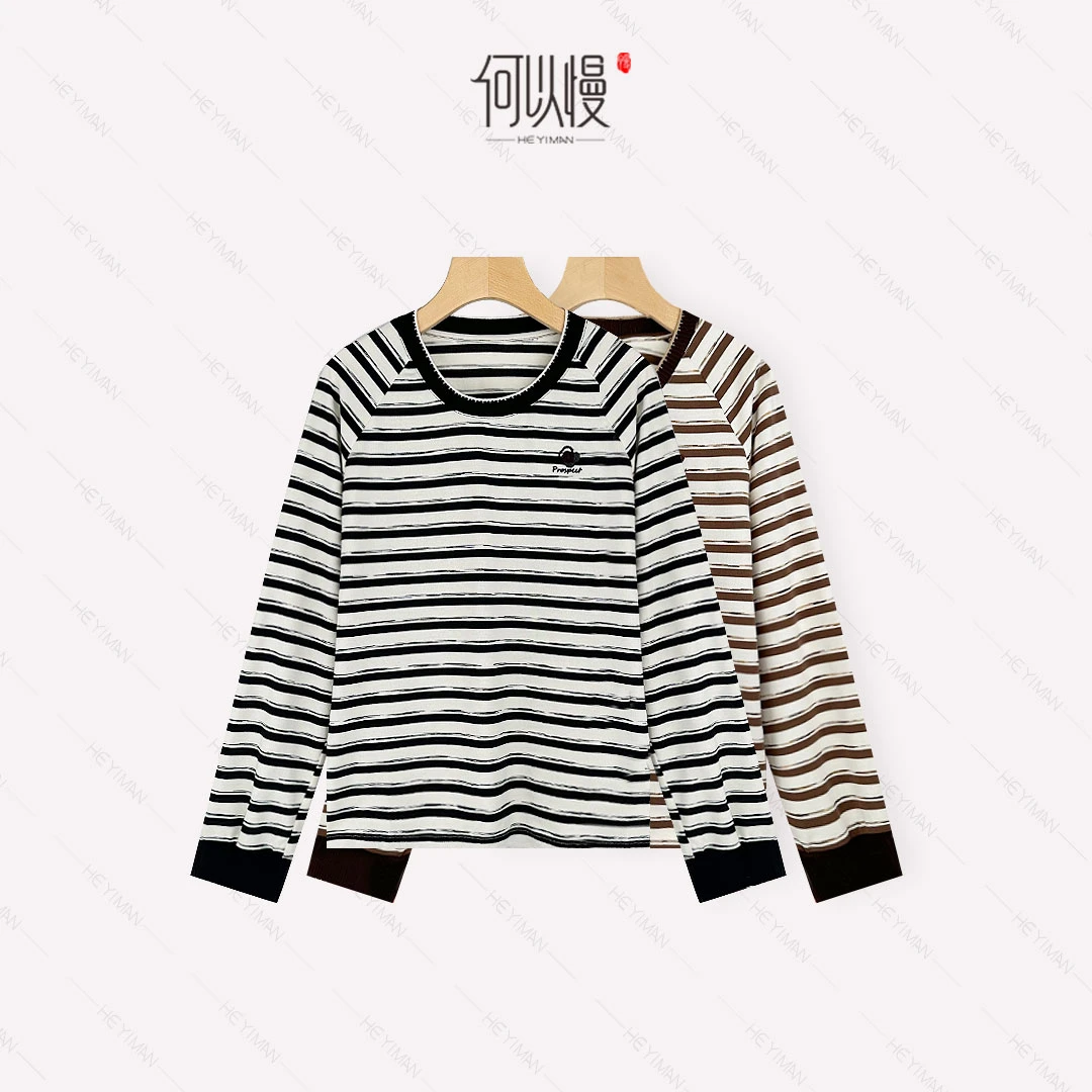 【何以慢】棉混纺秋季撞色刺绣慵懒宽松百搭圆领T恤A0-A5456