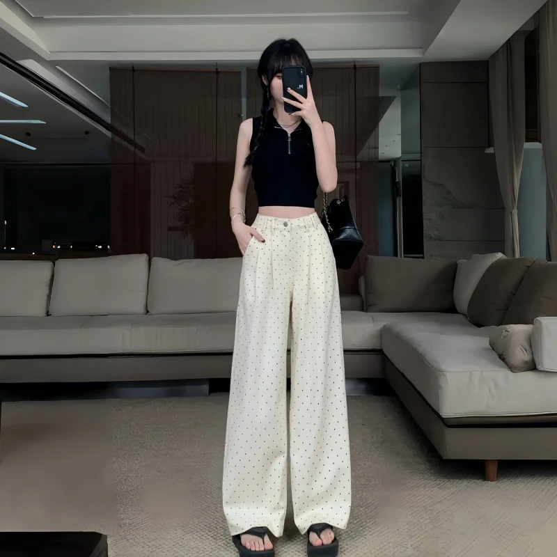美式波点阔腿裤显瘦高腰直筒时尚夏季宽松薄款气质百搭洋气直筒裤