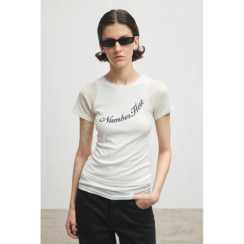 NUMBER HERE挖肩造型假两件印花T恤
