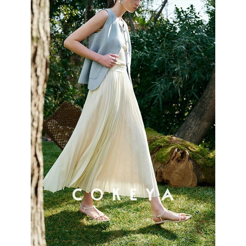 COKEYA/轻氧”仙女裙“~髙密珠光重磅6米用量醋酸高腰A字百褶半裙