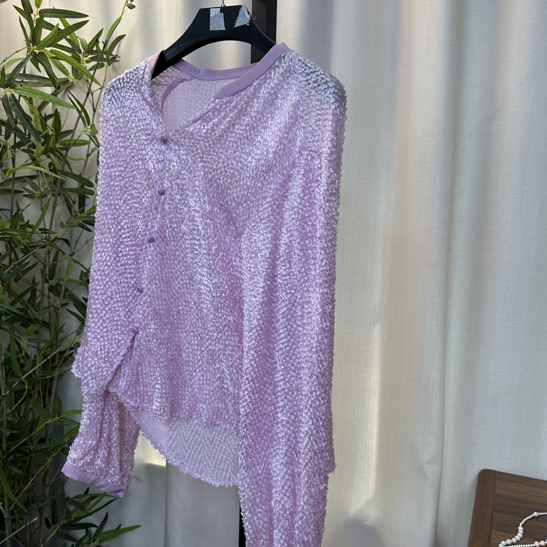 10405Y家国风桑蚕丝紫色飘逸衬衫