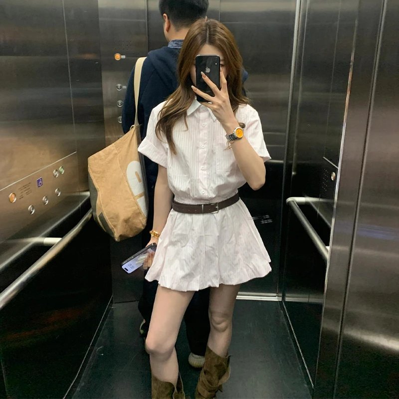法式粉色条纹衬衫连衣裙子女2025夏季新款韩系穿搭花苞裙短裙3016