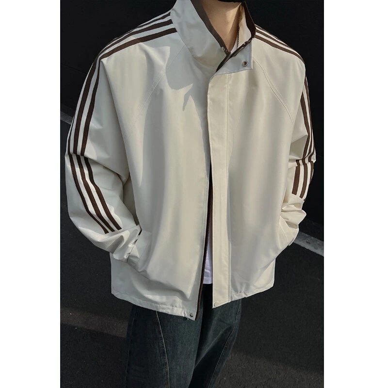 春季美式条纹拼接翻领外套男百搭潮流男生帅气宽松上衣夹克男款