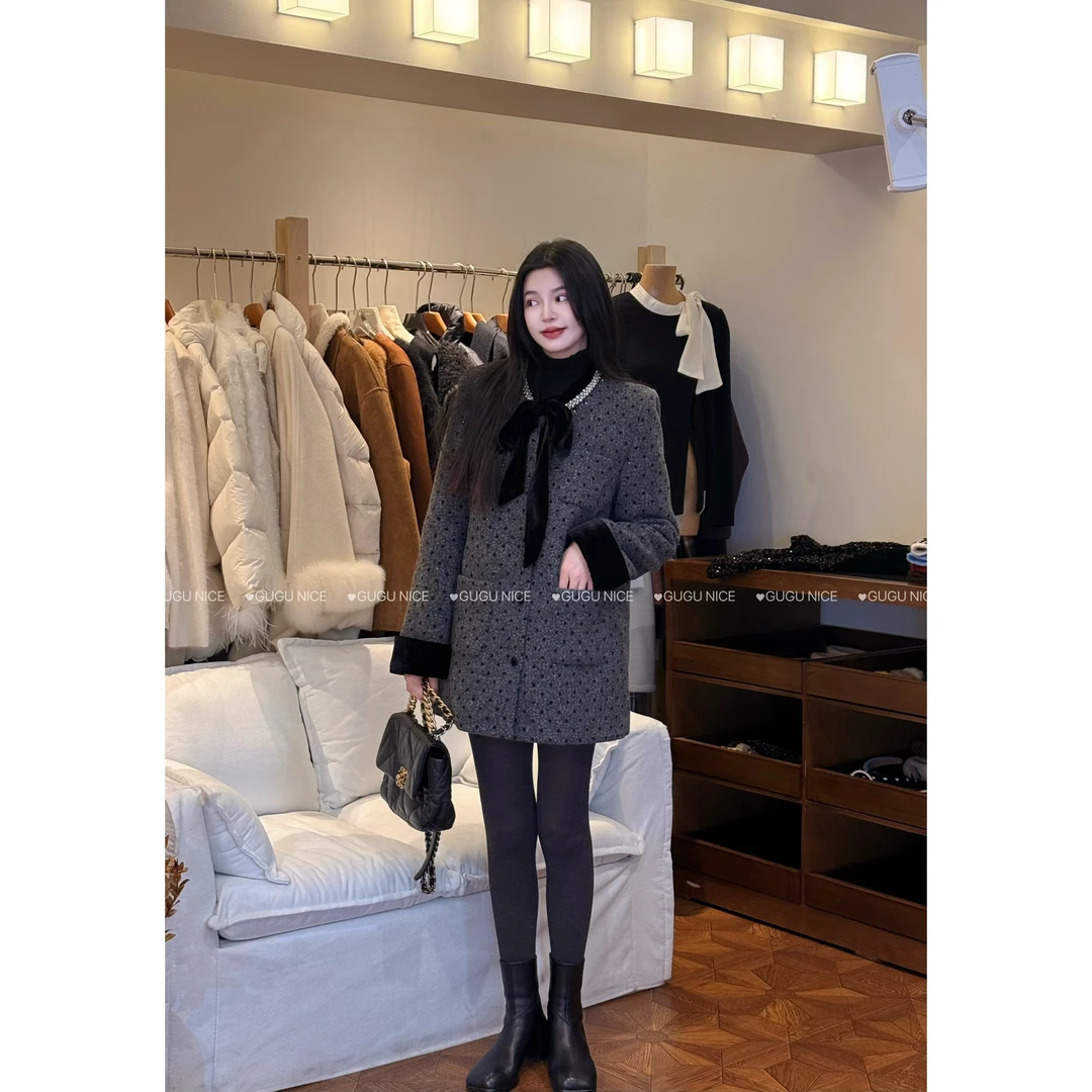 【古古】11.28新品领口珠珠复古波点蝴蝶结小香风夹羽绒裙 G24505