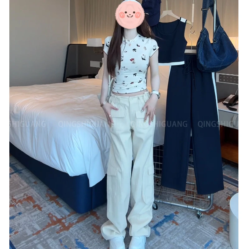 美式小狗设计感印花圆领短袖T恤2025流行百搭小众潮流休闲裤女夏