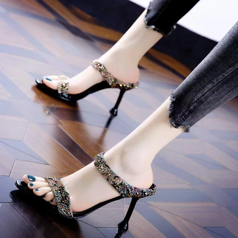 【跟高3/5/7】铆钉水钻露趾一字带凉鞋细跟百搭凉拖鞋高跟半拖