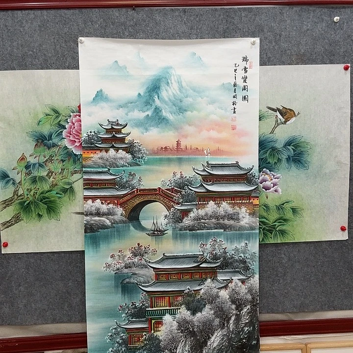 国画手绘国画瑞雪紫阁图