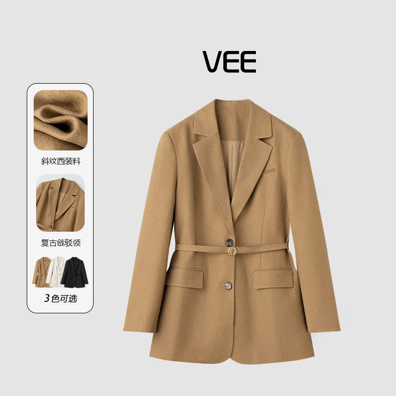 VEE【都市女主】【专属】秋季新款斜纹翻领腰带一手长西服西装外套女