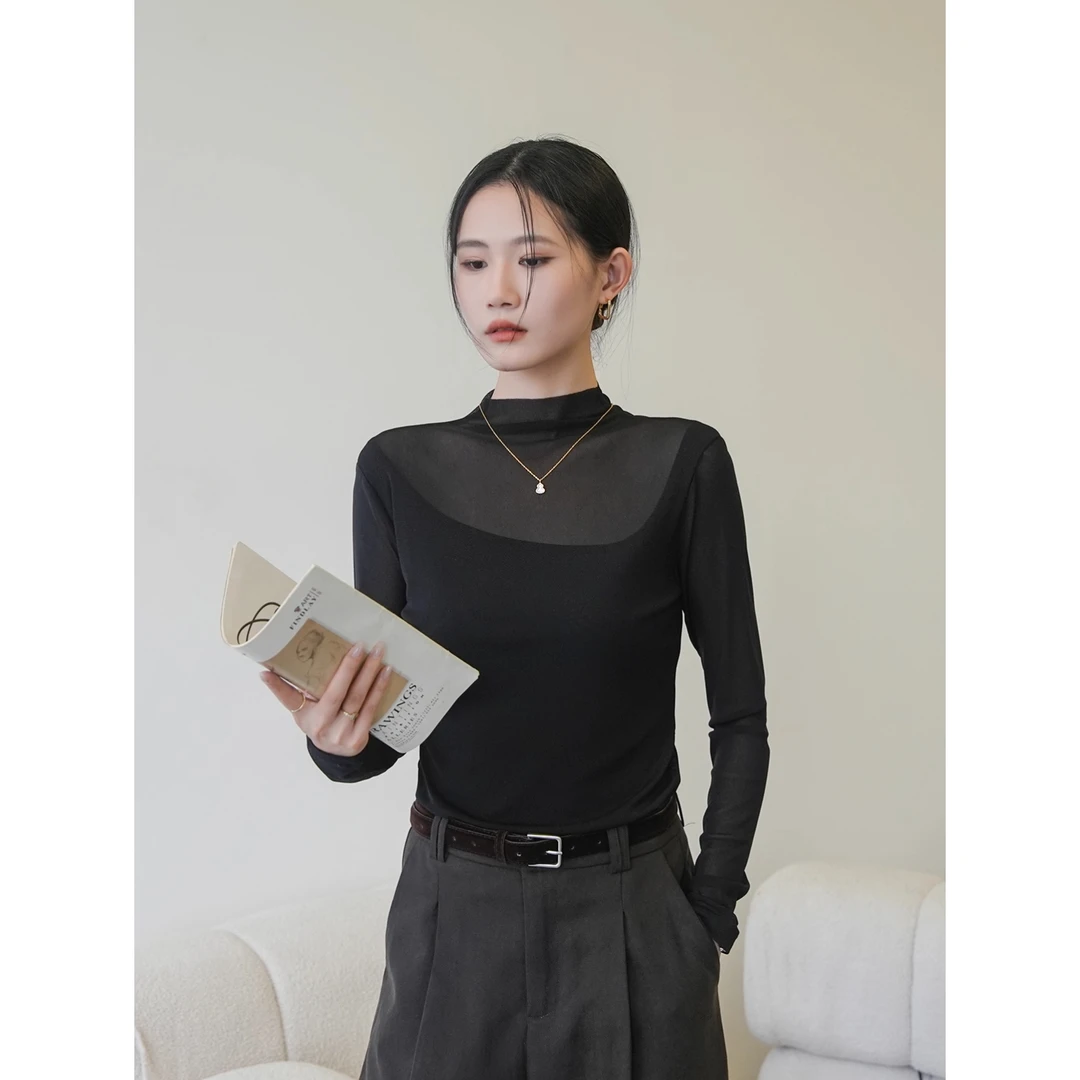 半高领网纱黑色打底衫女2025早秋新款修身内搭长袖t恤上衣高级感