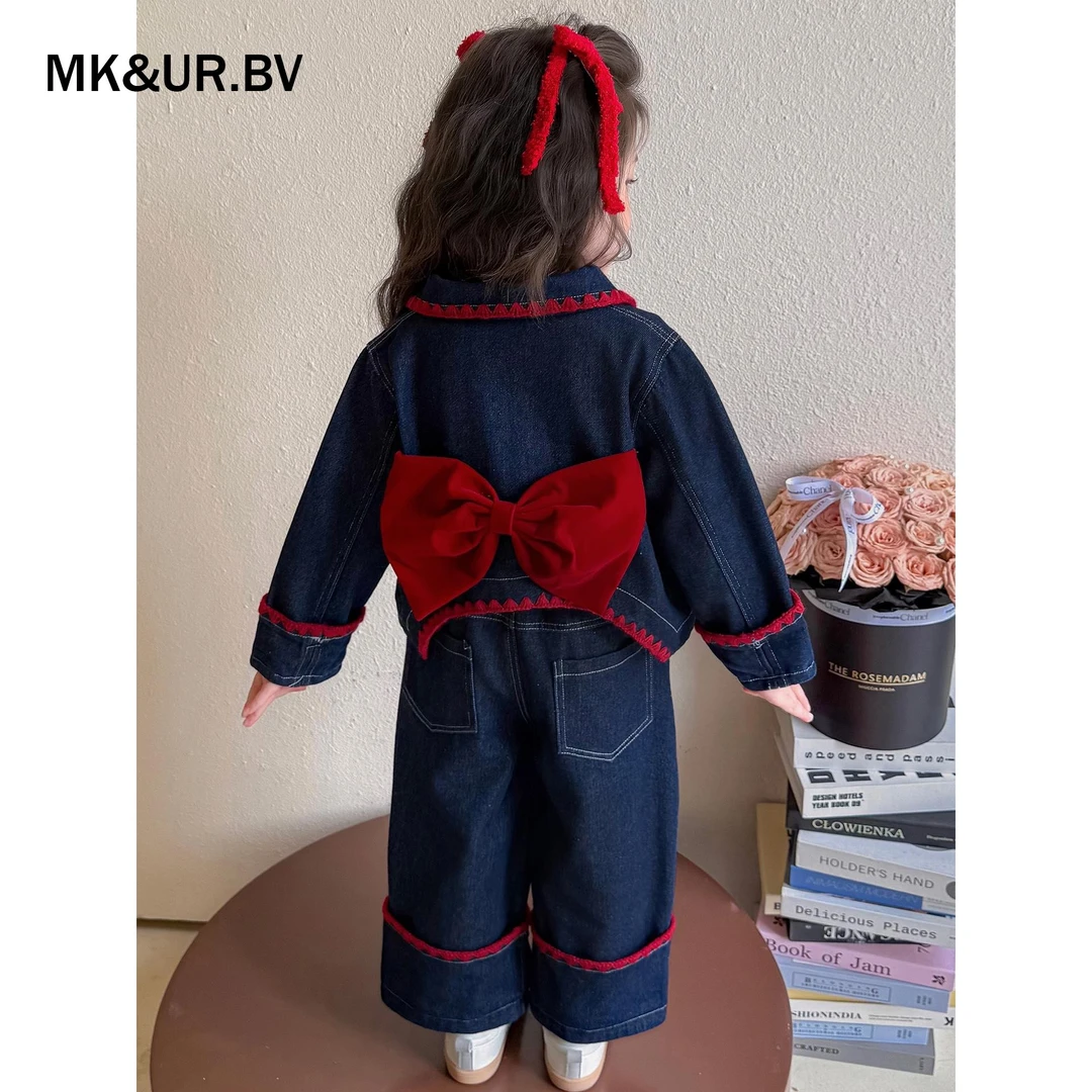 MK&UR.BV女童蝴蝶结牛仔套装春秋季2025新款洋气炸街时髦早秋穿搭