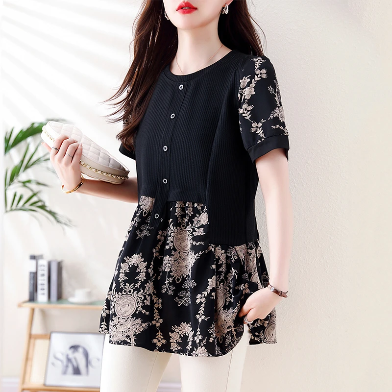 假两件拼接印花短袖T恤大码胖mm中长款上衣女遮屁股洋气裙摆小衫