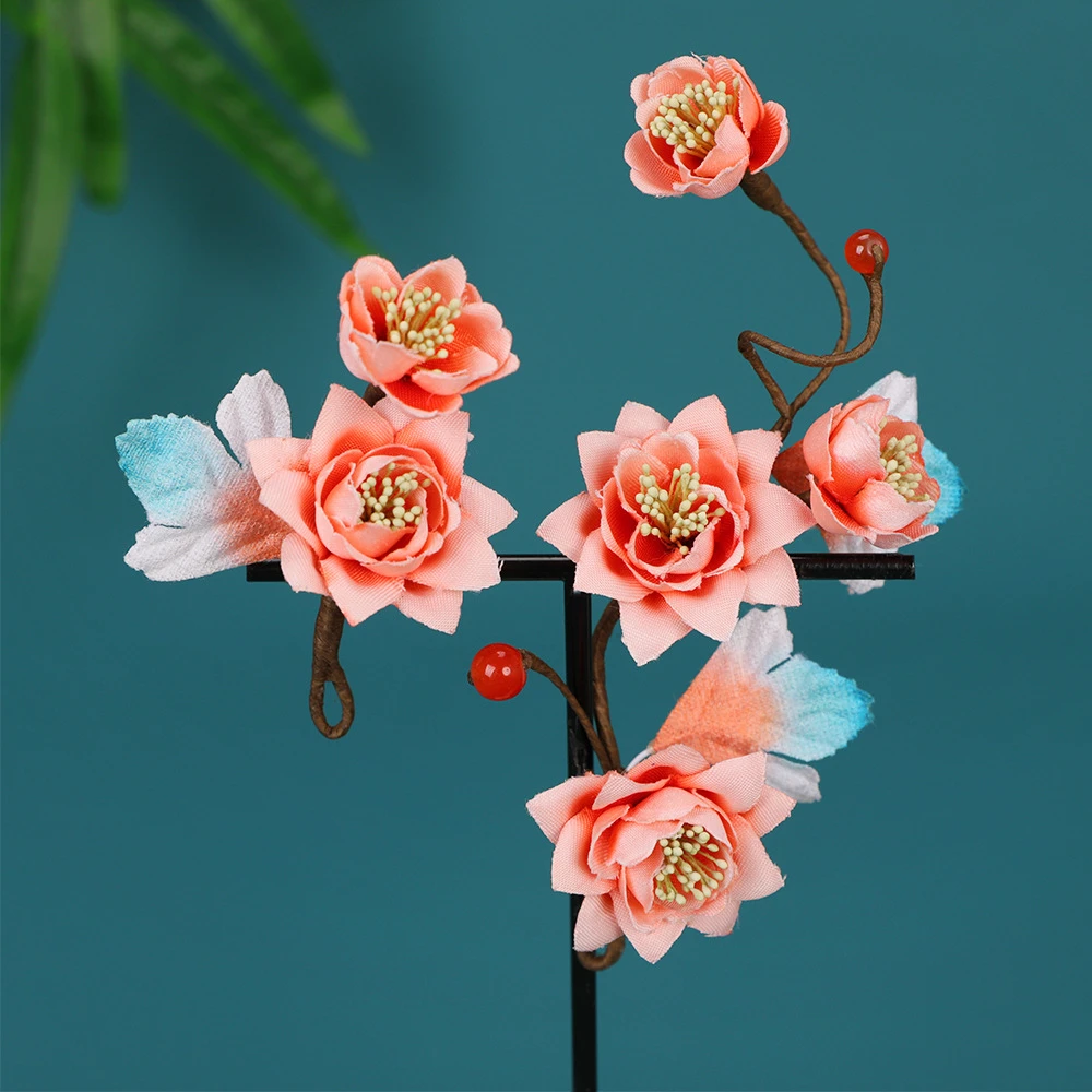 HF2586古风仿绒花粉色海棠花软簪发饰汉服头饰