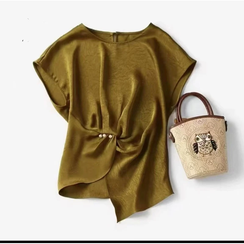 缎面提花百搭衬衫女2025夏季新款时尚短袖不规则洋气显瘦小衫991#