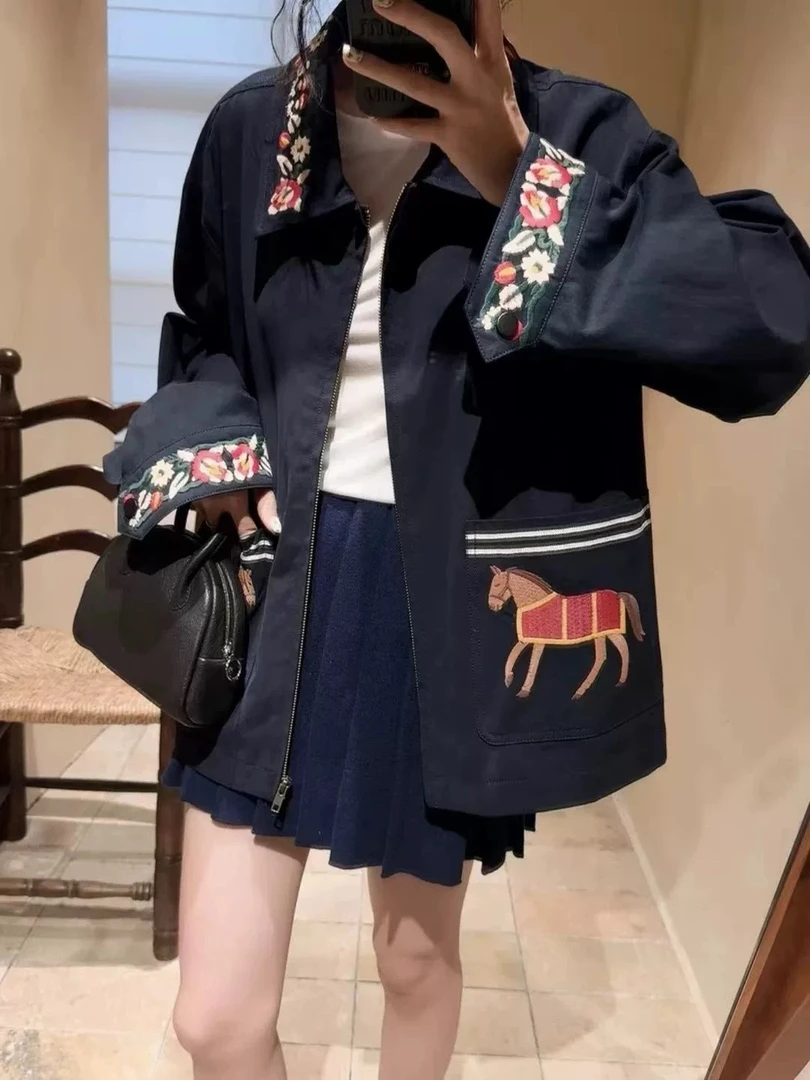 法式牛仔宽松短外套百搭风衣重工女士上衣春季印花直下摆翻领