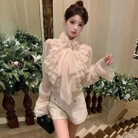 TZ3306小个子荷叶边雪纺衬衫女秋冬2023新款别致百搭洋气质长袖上