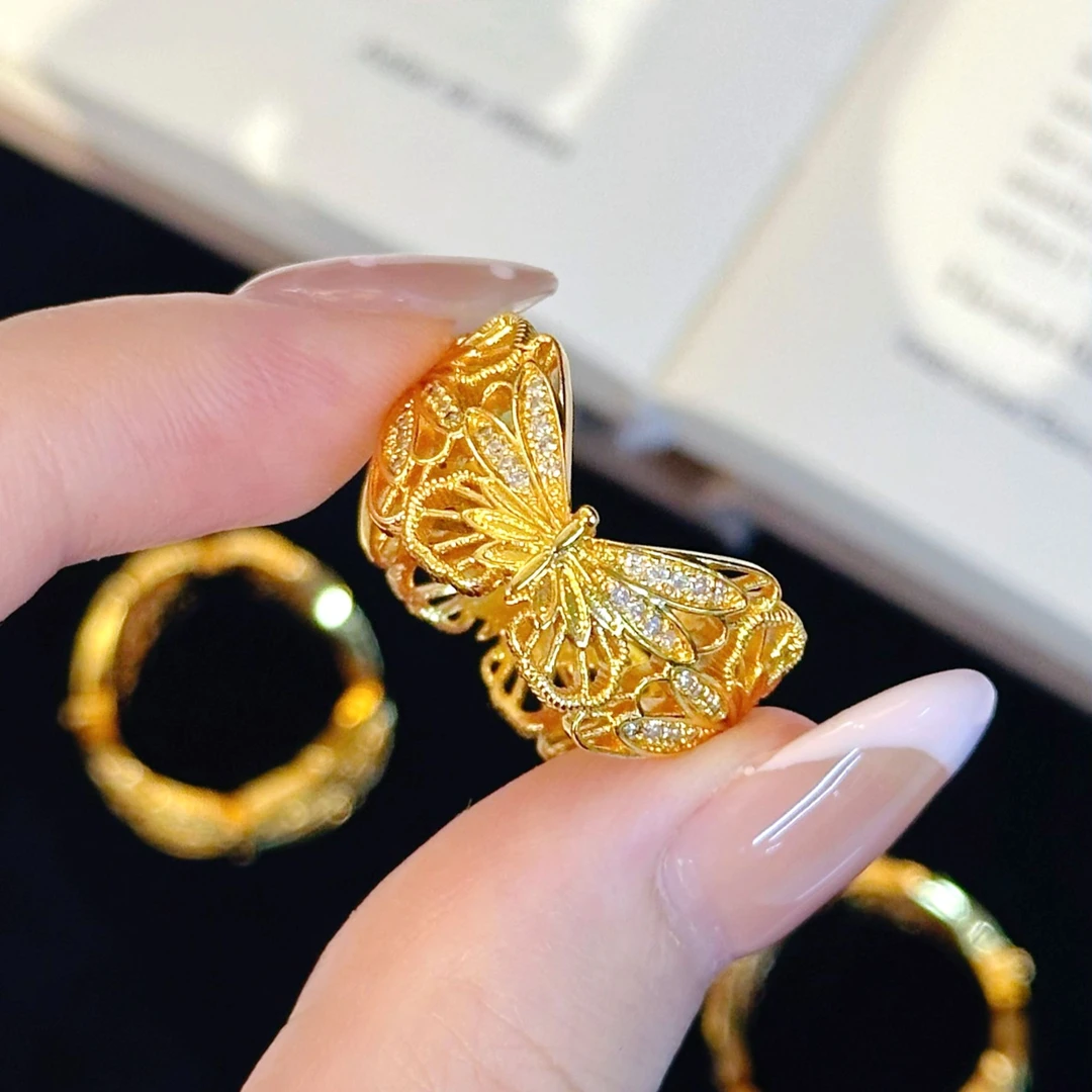 铜合金锆石戒指 【金熹菲饰品】精致高雅轻奢中古镂空花丝蝴蝶戒指