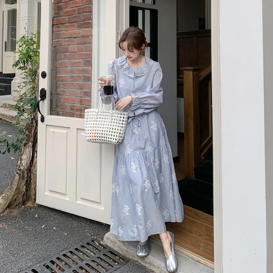 韩系甜美温柔风时尚套装女2025秋季新款碎花上衣显瘦半身裙两件套