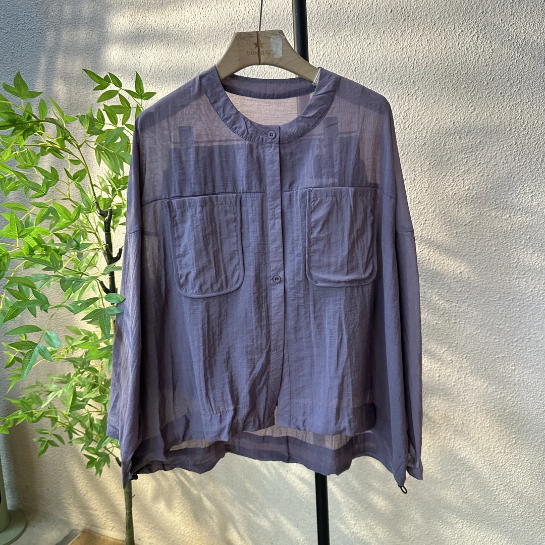 圆领微透夏季长袖衬衣皮筋腰短裤套装休闲