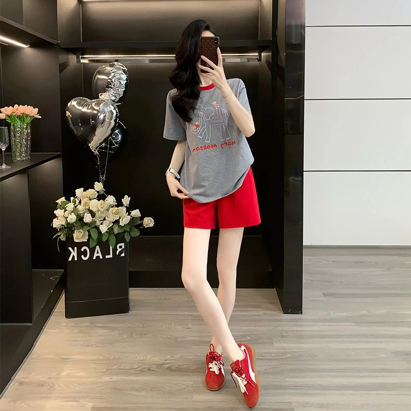 网红灰色休闲运动套装女夏季洋气宽松显瘦减龄短裤短袖t恤两件套