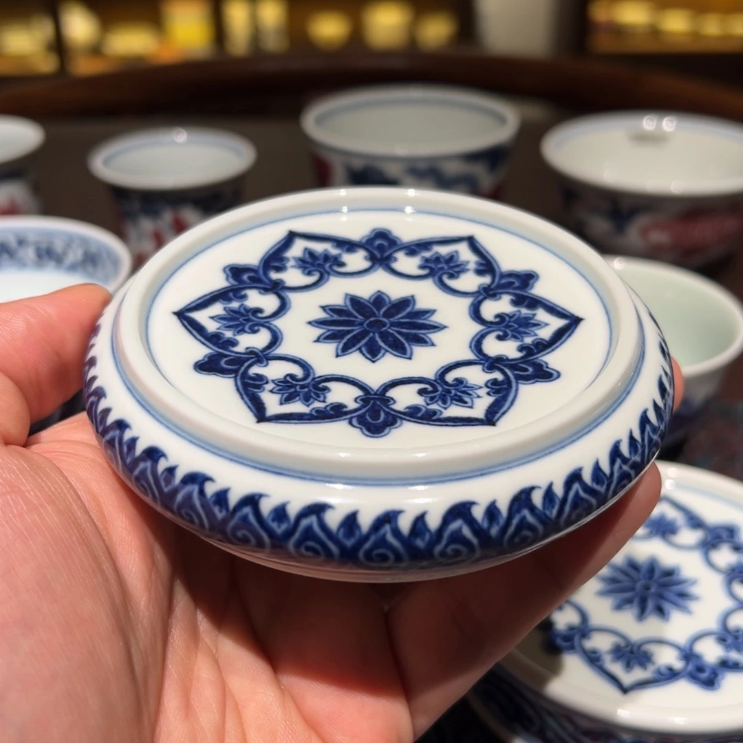 陶精品青花宝相纹盖置面径约8厘米