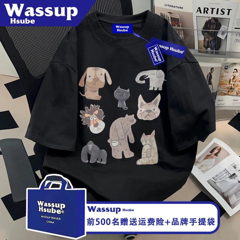 WASSUP HSUBE国潮趣味卡通印花纯棉T恤个性短袖夏ins男女新款上衣