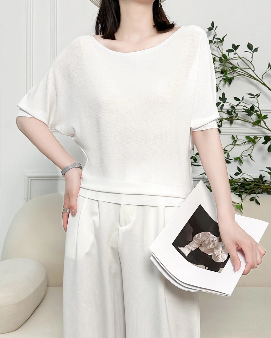 2025春夏新款时尚一线成衣无痕半袖一字领女士针织打底衫[25025]