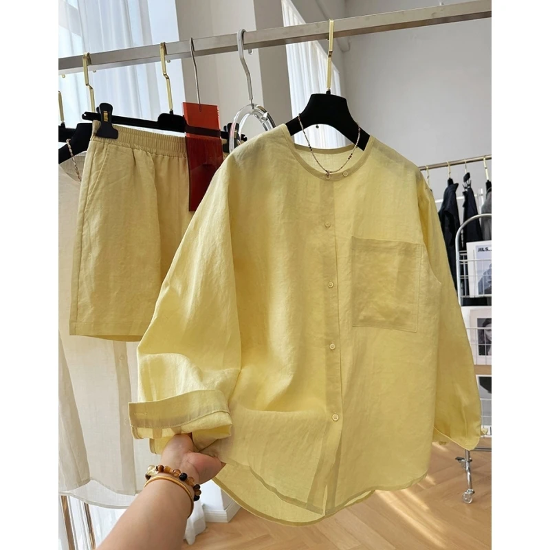 女夏季高级感绝美时尚穿搭棉麻长袖衬衫+短款两件套薄套装一整套