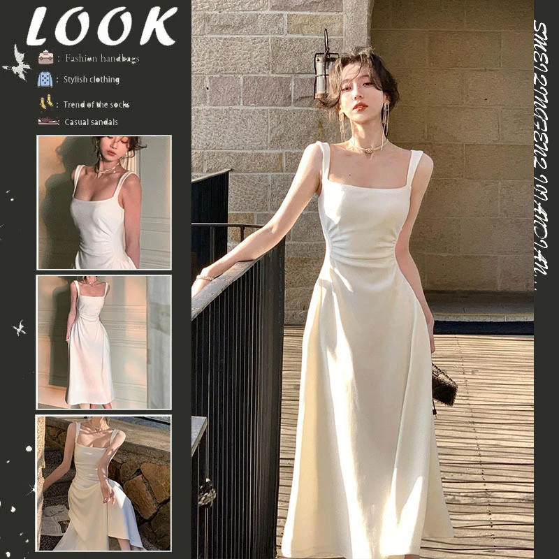 韩版吊带连衣裙女夏装新款高级感气质简约无袖收腰显瘦背心中长裙