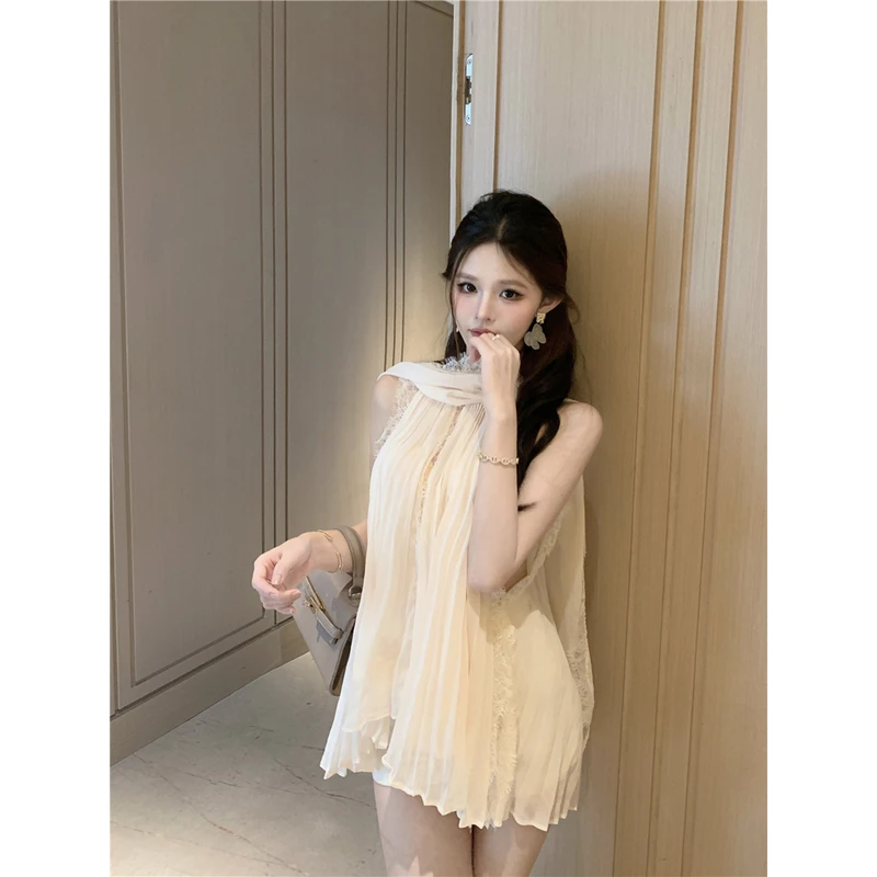 纯欲风超仙蕾丝拼接飘带挂脖上衣女2025夏宽松显瘦设计感雪纺小衫