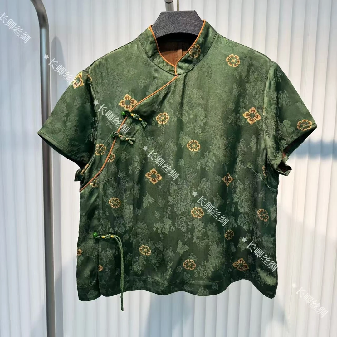 【长卿】新中式真丝宝相花国风短袖上衣D614