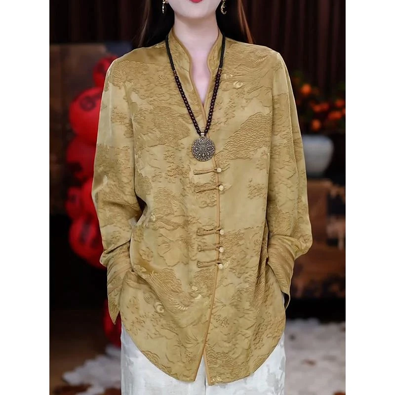 气质优雅阔太太立领印花长袖衬衫2025春季新款新中式百搭显瘦衬衣