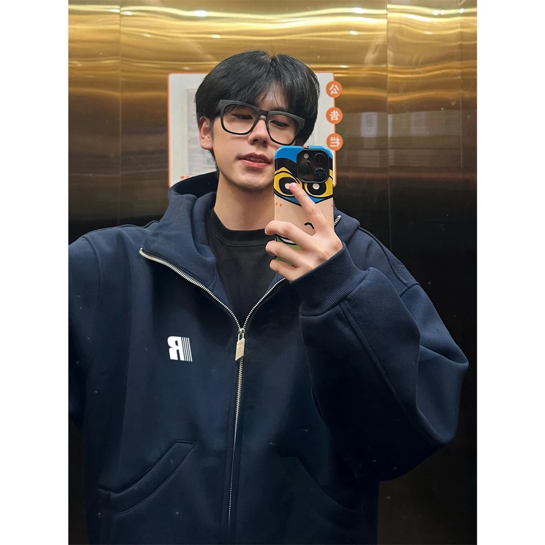 美式高街个性字母印花高领开衫连帽卫衣男女秋冬季休闲拉链外套潮