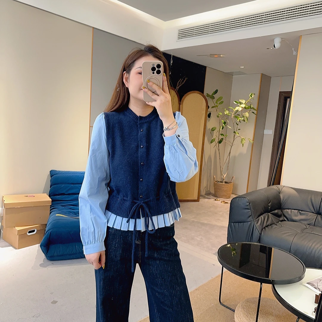 【欧加粒粒】韩版假两件针织拼接长袖衬衫秋可单穿内搭 TS25090216