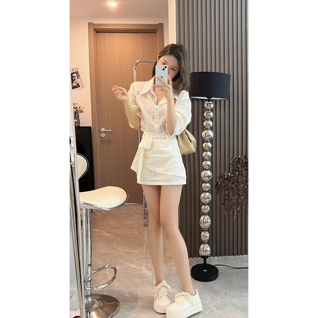 L & L 云云【假日时光】法式镂空长袖衬衫女春季绑带包臀半身裙套装