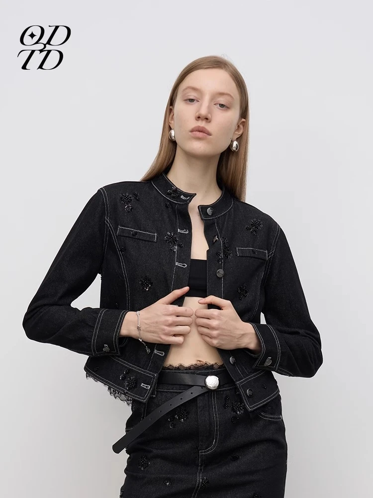ODTD 2025春夏新款珠片花朵蕾丝牛仔外套重工夹克长袖女