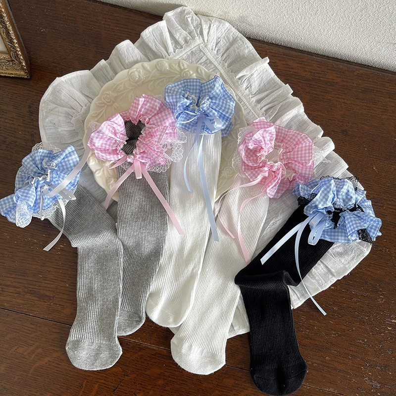 新品格子花边蝴蝶结可爱女儿童宝宝韩系中筒袜堆堆袜