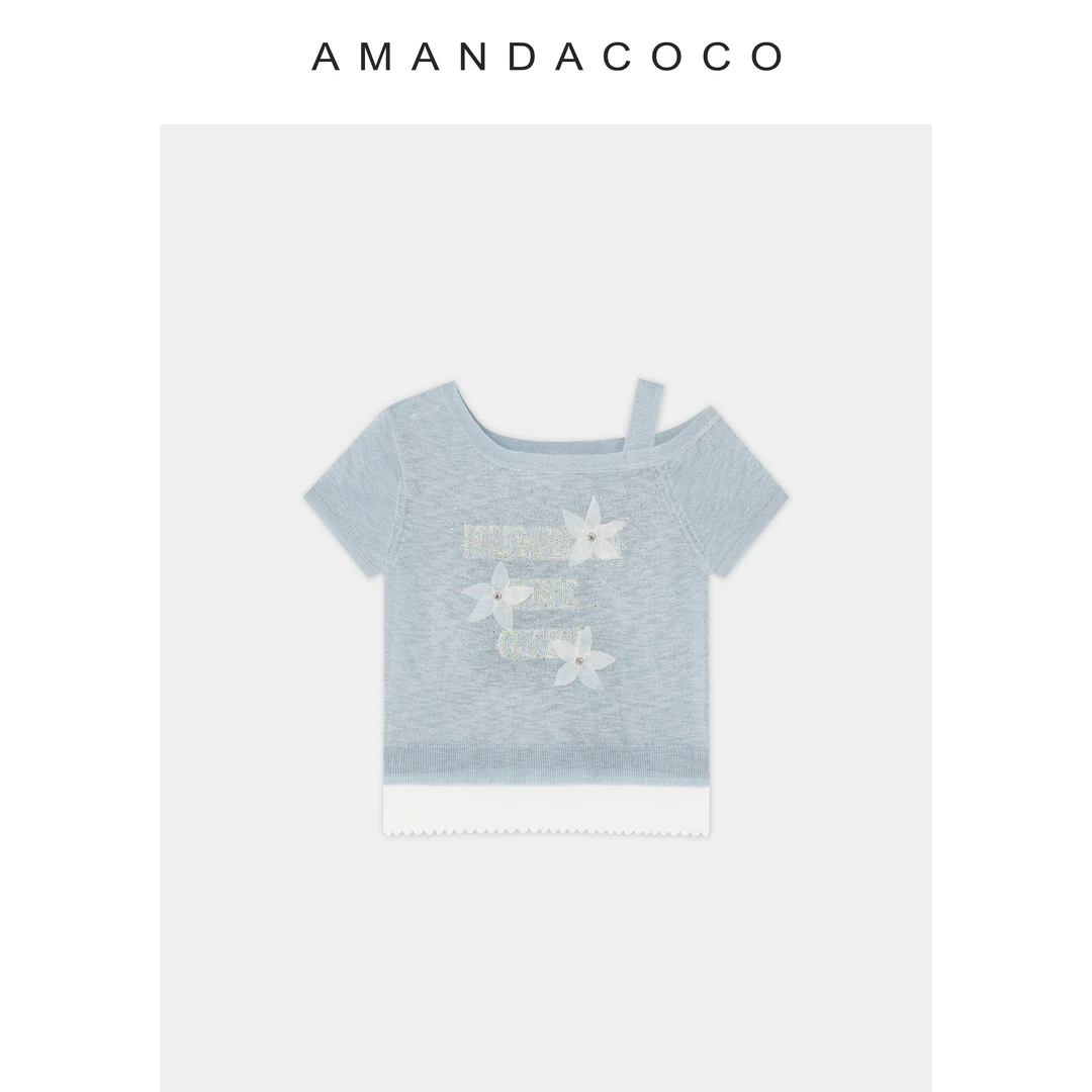 AMANDA奈奈 | 小花叙事～夏季烫钻字母刺绣蕾丝拼边露肩短袖针织衫