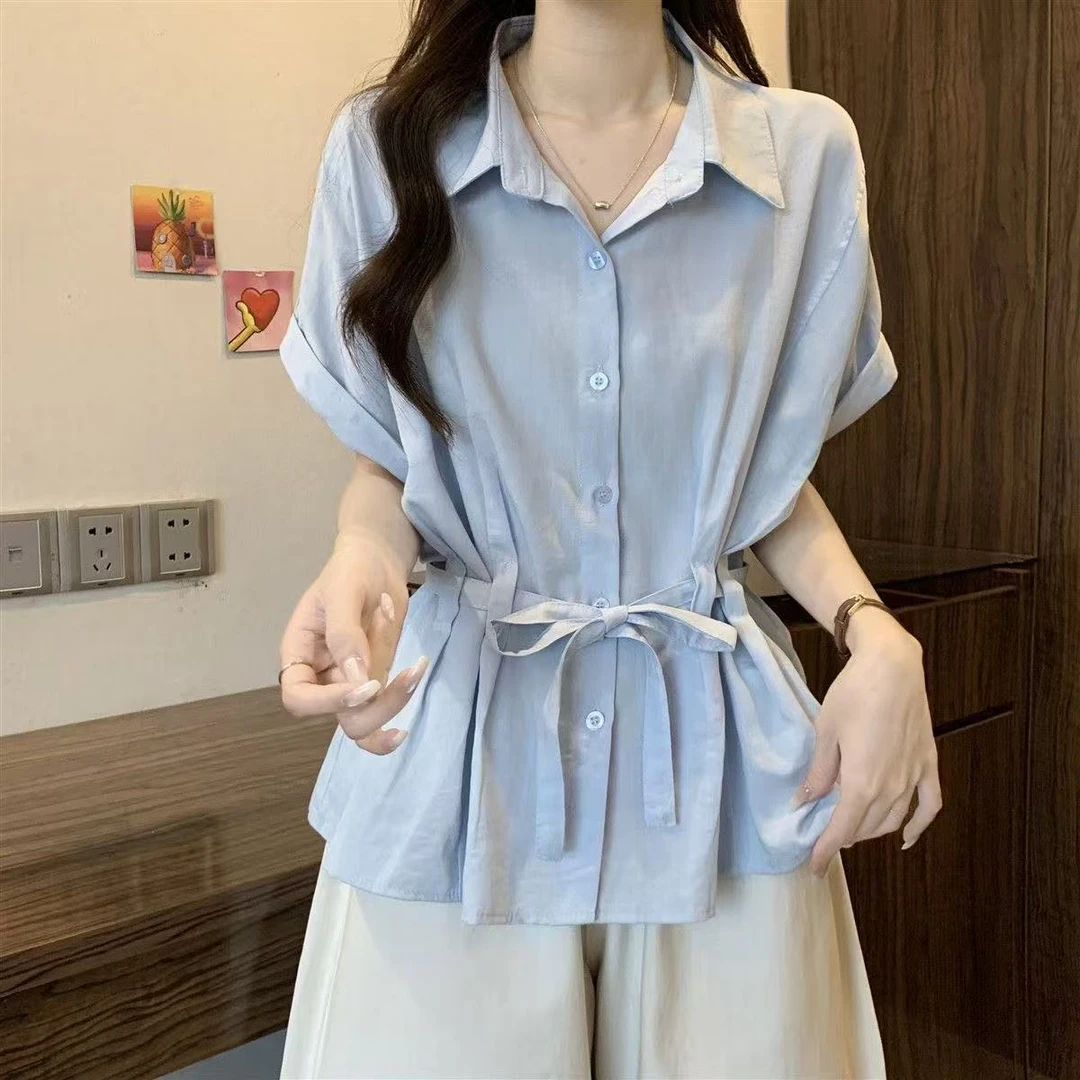 微胖mm漂亮蓝色短袖衬衫女装2025夏季新款爆款收腰遮肚巨好看上衣