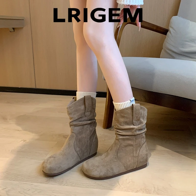 牛皮版～内增高3cm复古短靴女2025新款加宽加胖褶皱堆堆靴百搭靴